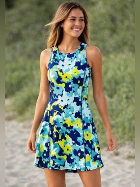 Title Nine Floral Athletic Dress Blue Green Yellow Sleeveless Fit & Flare Size S